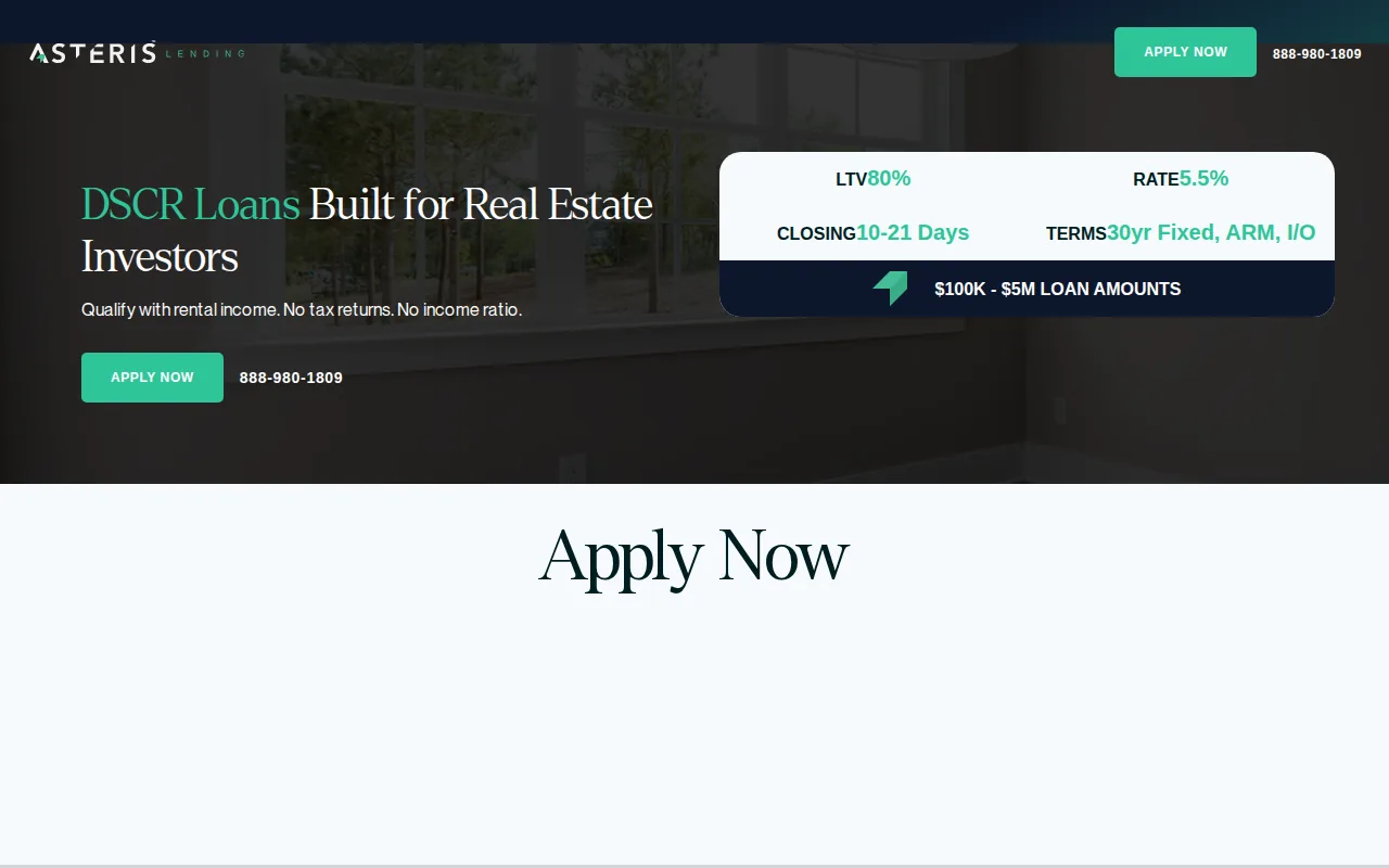 Screenshot of the Asteris Lending: fast and flexible lending solutions website