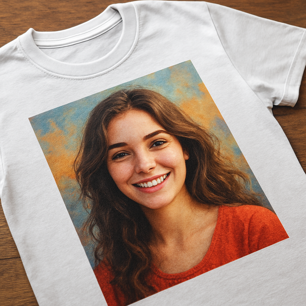 A close‑up of a high‑resolution DTG printed photo tee displayed on a wooden table, showing vivid colors and soft fabric texture. Alt: DTG printing quality showcase on cotton shirt.