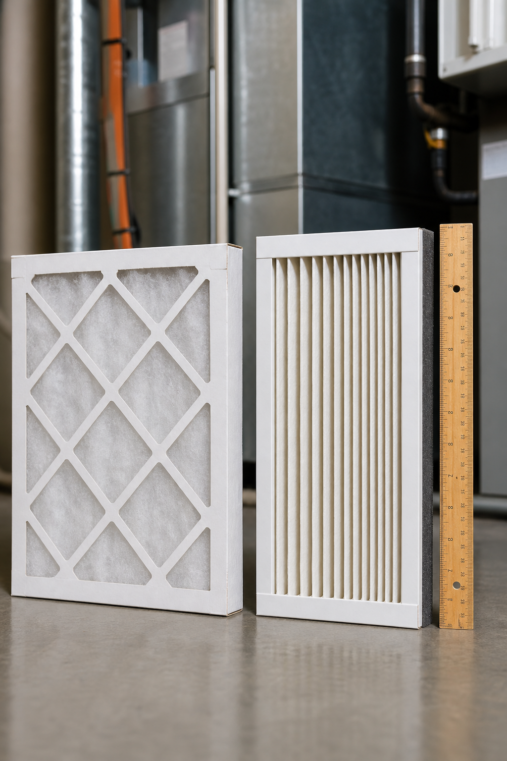 A photorealistic image of two air filters side by side: a standard fiberglass filter and a pleated MERV 13 filter, with a ruler showing thickness. Alt: Comparison of standard furnace filter and high-MERV pleated filter for better indoor air quality.