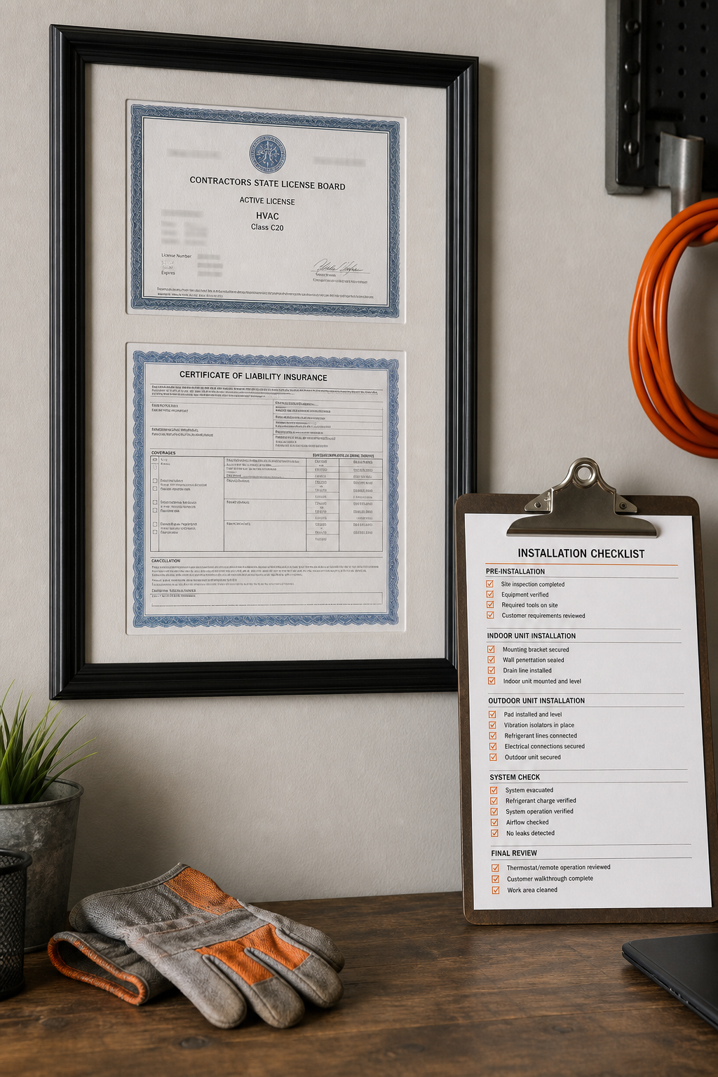 A photorealistic image of a contractor's business license and insurance certificate framed on a wall in an office setting. Next to it, a clipboard with a completed installation checklist. A pair of safety gloves rests on the desk. Alt: licensed and insured HVAC installer credentials for ductless mini split installation in Auburn CA