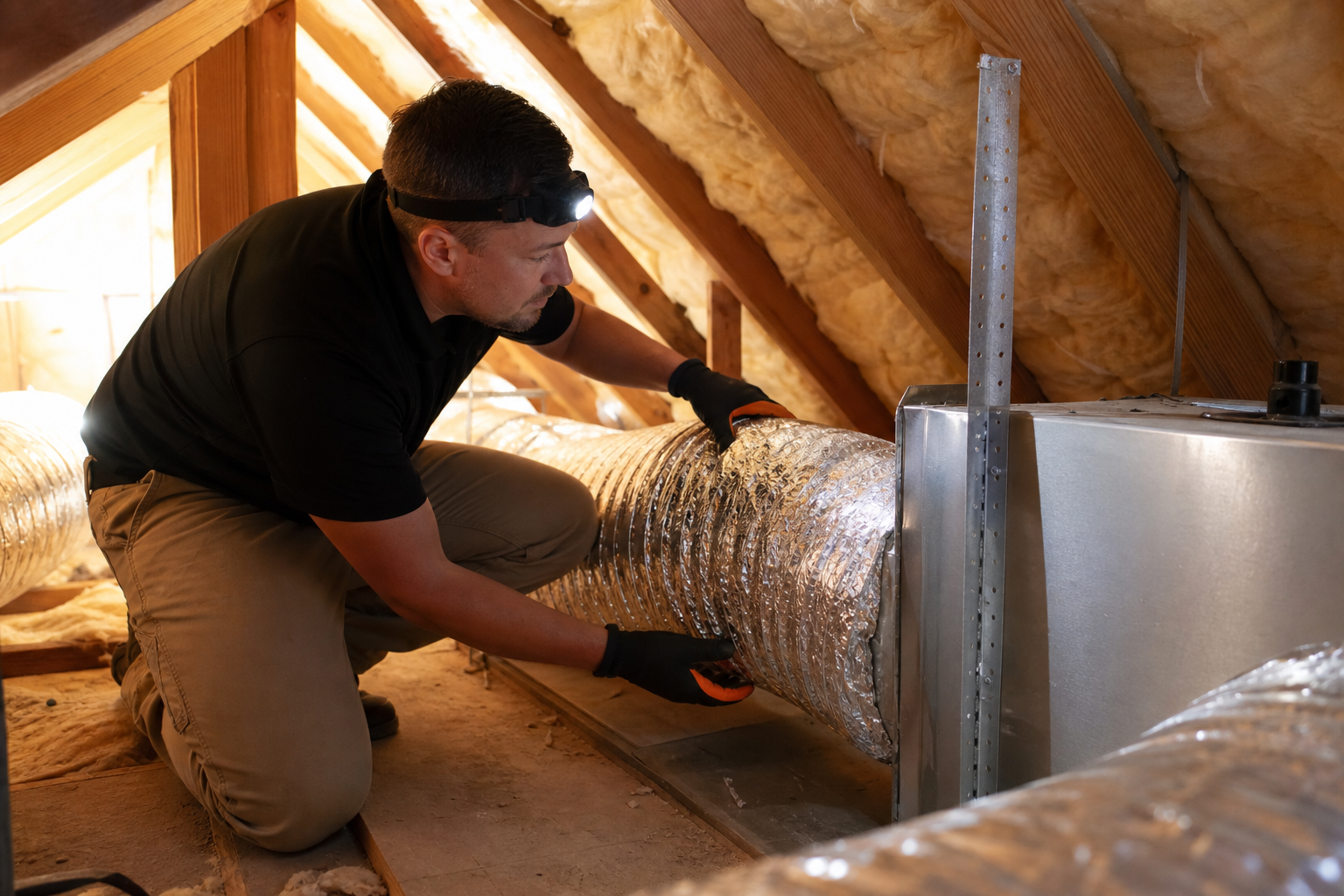 A photorealistic scene of an HVAC technician working in a sun-lit residential attic in a Northern California home, inspecting flexible ductwork connected to a plenum box, with insulation batts visible around the rafters. The technician wears work gloves and a headlamp. Natural warm light fills the attic space. Alt: HVAC technician inspecting ductwork in a Lincoln CA home attic.