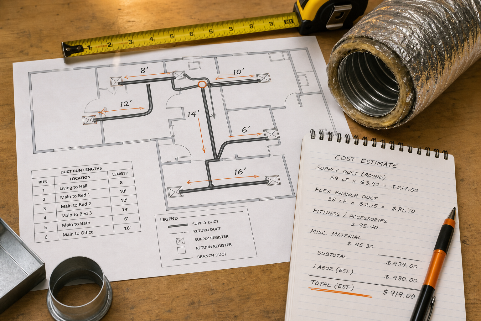 A close-up photorealistic image of a labeled ductwork diagram laid out on a work table, showing different duct run lengths measured with a tape measure, alongside flex duct materials and a notepad with cost estimates. Warm workshop lighting. Alt: Ductwork per-run cost breakdown diagram for residential HVAC replacement.