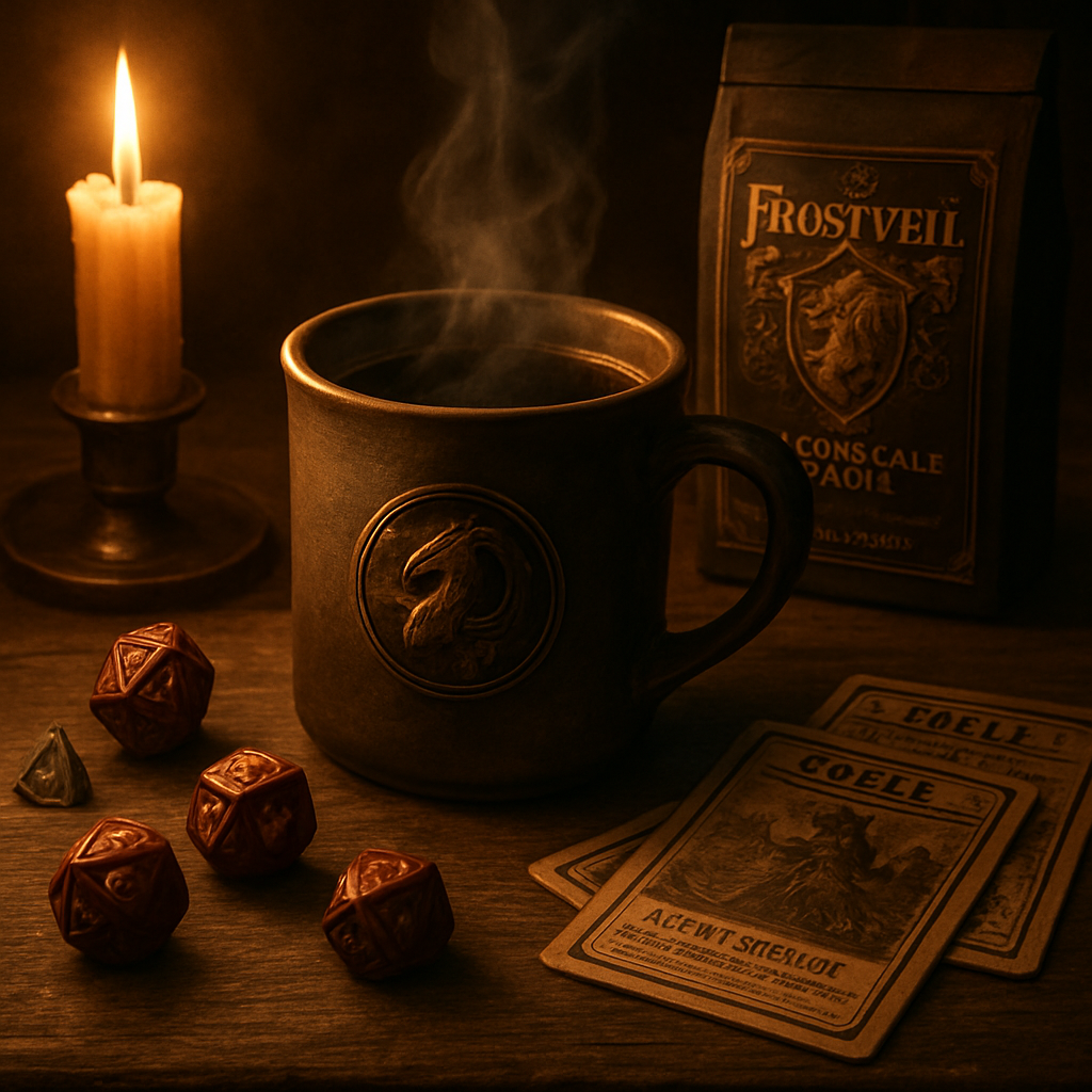 A richly detailed illustration of a tabletop scene where a steaming mug of fantasy‑themed coffee sits beside dice, spell cards, and a candle, all bathed in warm, amber light. Alt: dungeons and dragons coffee ritual with immersive roast selection.