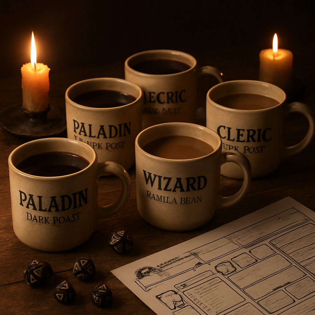 An atmospheric tabletop scene showing dice, character sheets, and five distinct mugs of coffee – each labeled with a D&D class name and matching roast color, soft candlelight glows, highlighting the connection between coffee profiles and character classes. Alt: dungeons and dragons coffee flavor alignments for character classes