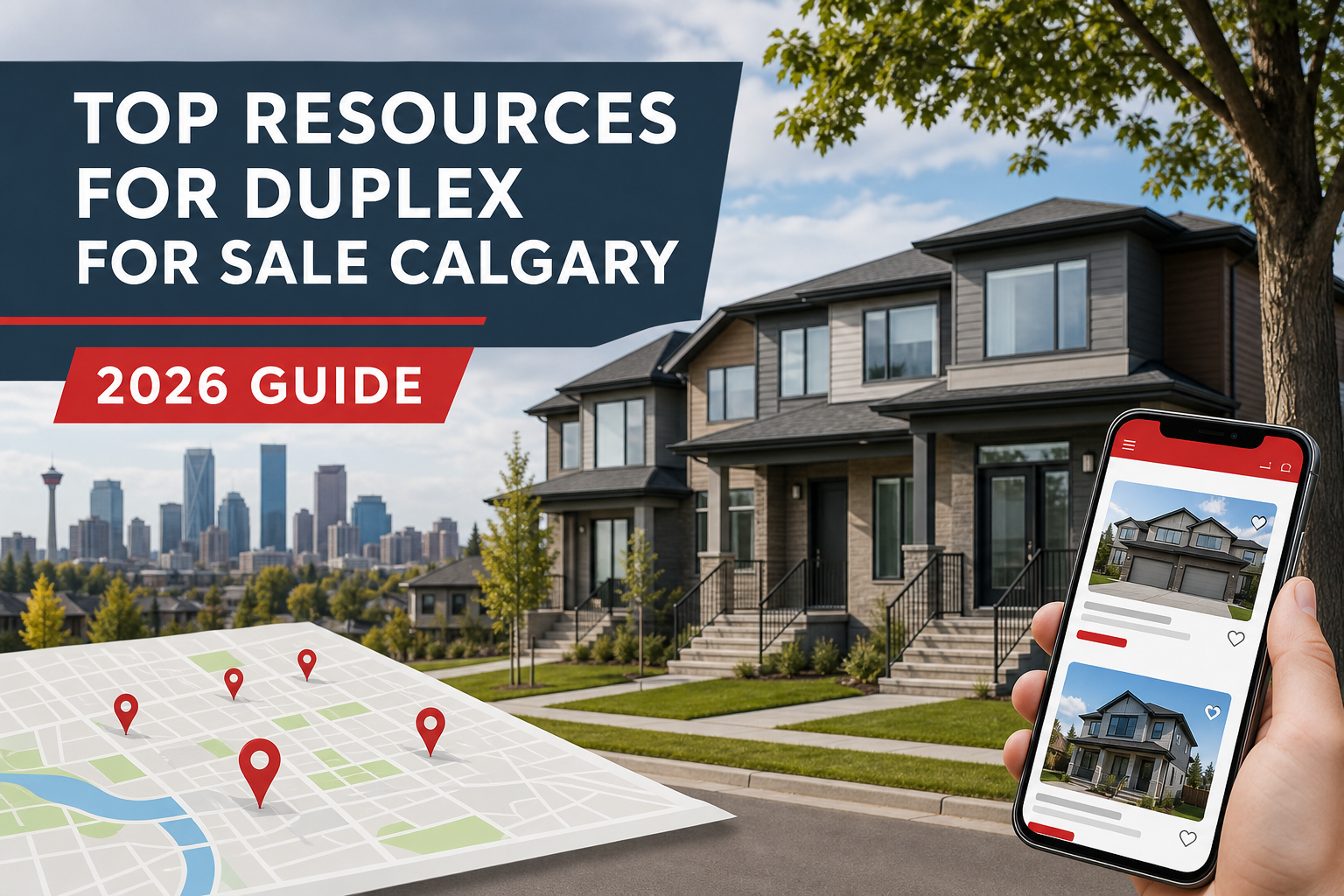 A realistic view of a modern Calgary neighbourhood with duplexes, showing a map overlay and a smartphone displaying the Realtor.ca app. Alt: Realtor.ca duplex listings Calgary