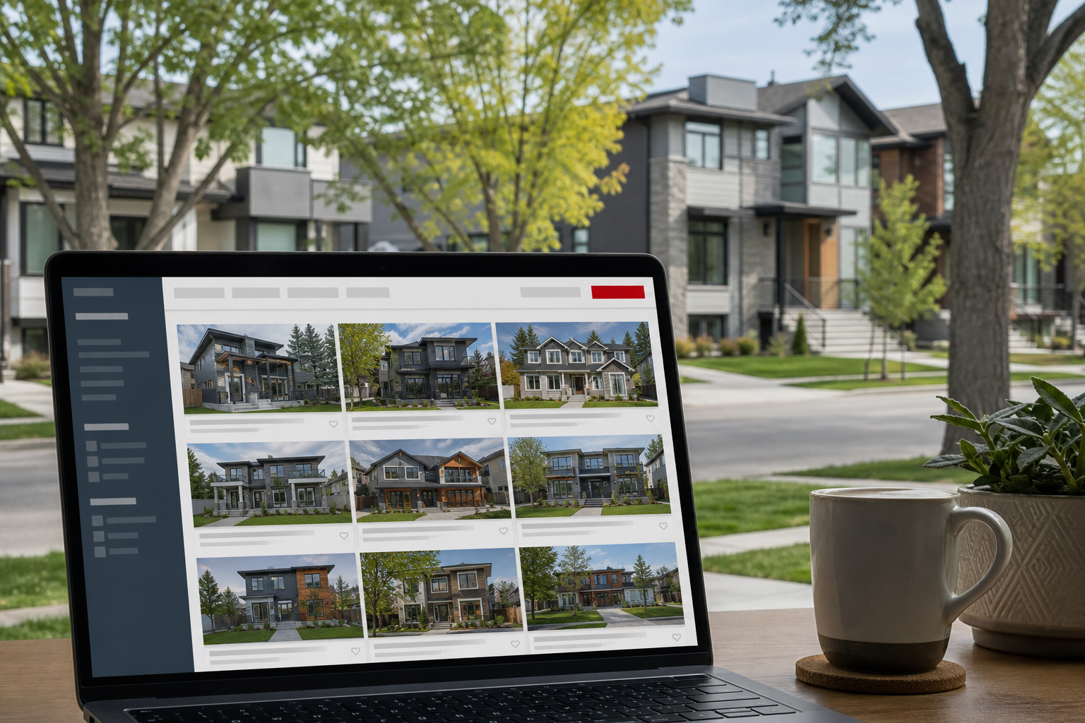 A realistic scene of a Calgary duplex street with trees, showing a laptop screen with ForSaleInCalgary.com search results. Alt: ForSaleInCalgary.com duplex listings Calgary