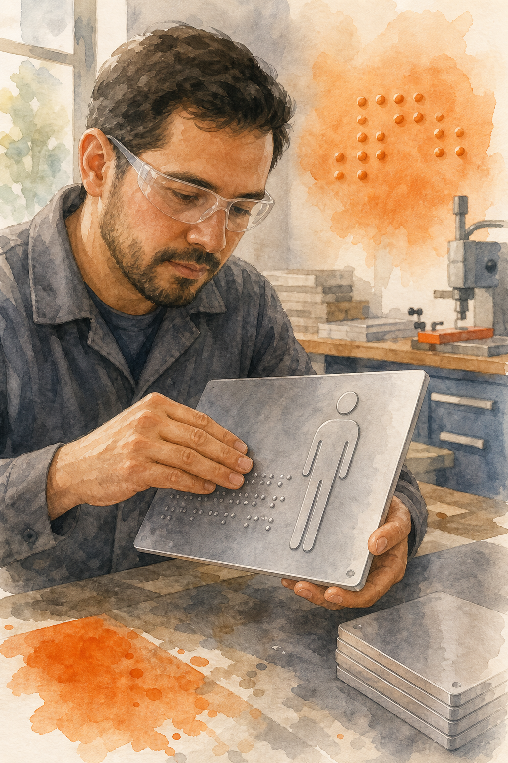 An illustration in watercolor style showing a worker carefully inspecting a finished braille sign made of aluminum, with the Señaletica Tactil logo faintly in the background. Alt: Fabricación de señalética braille en aluminio por Señaletica Tactil