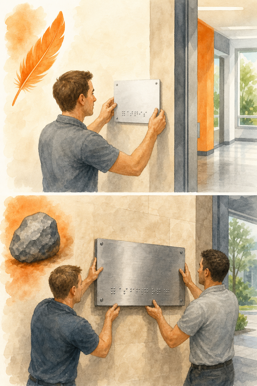 A watercolor illustration comparing a lightweight aluminum braille sign being easily installed by one person versus a heavier stainless steel sign requiring two people. Alt: Comparación de peso y manejabilidad entre aluminio y acero inoxidable para señalética braille