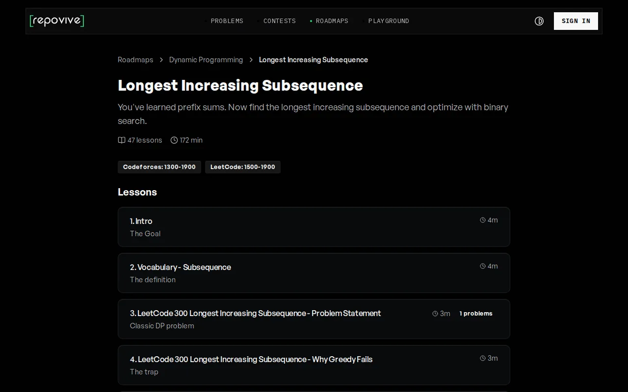 Screenshot of the Longest Increasing Subsequence website
