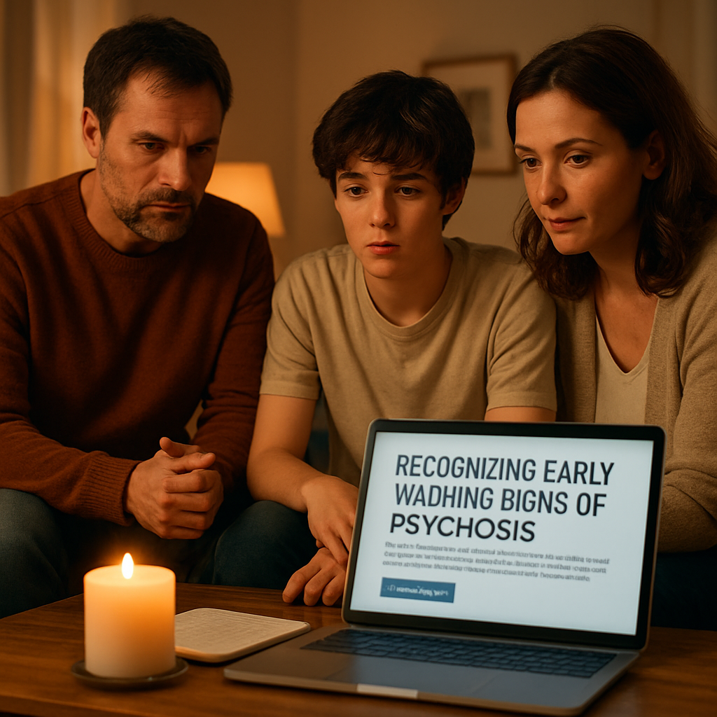 A warm, softly lit living room scene where a family sits around a coffee table with a notebook, a calming candle, and a laptop open to a mental‑health resource page. Alt: Recognizing early warning signs of psychosis in a supportive home environment.