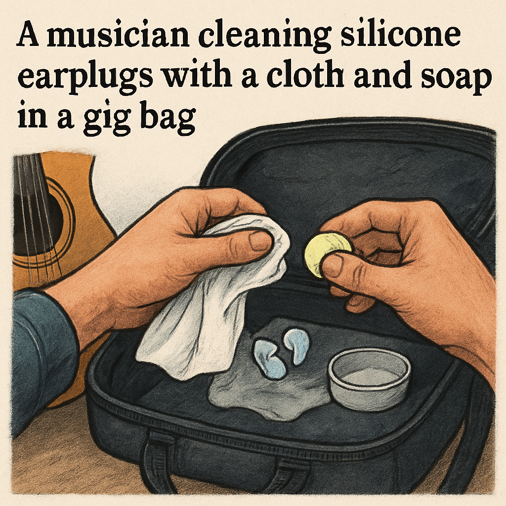 A musician cleaning silicone earplugs with a cloth and soap in a gig bag. Alt: earplugs for musicians cleaning routine.