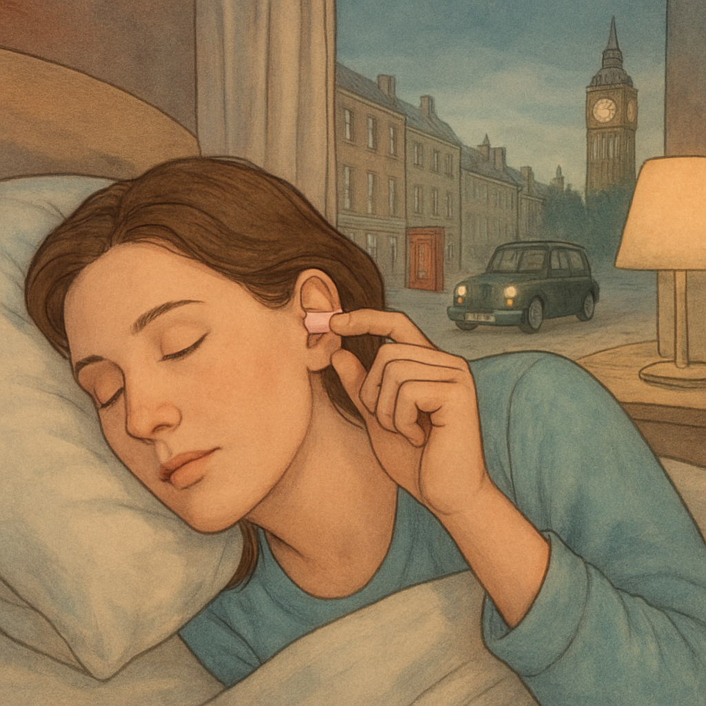 A side‑sleeping person gently inserting silicone earplug into ear canal, with soft bedside setting. Alt: Earplug insertion for side sleepers UK