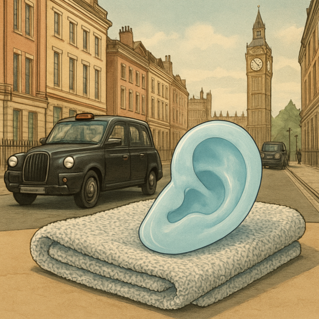 A close‑up of a clean silicone earplug resting on a small, breathable towel. Alt: Clean silicone earplug dry storage