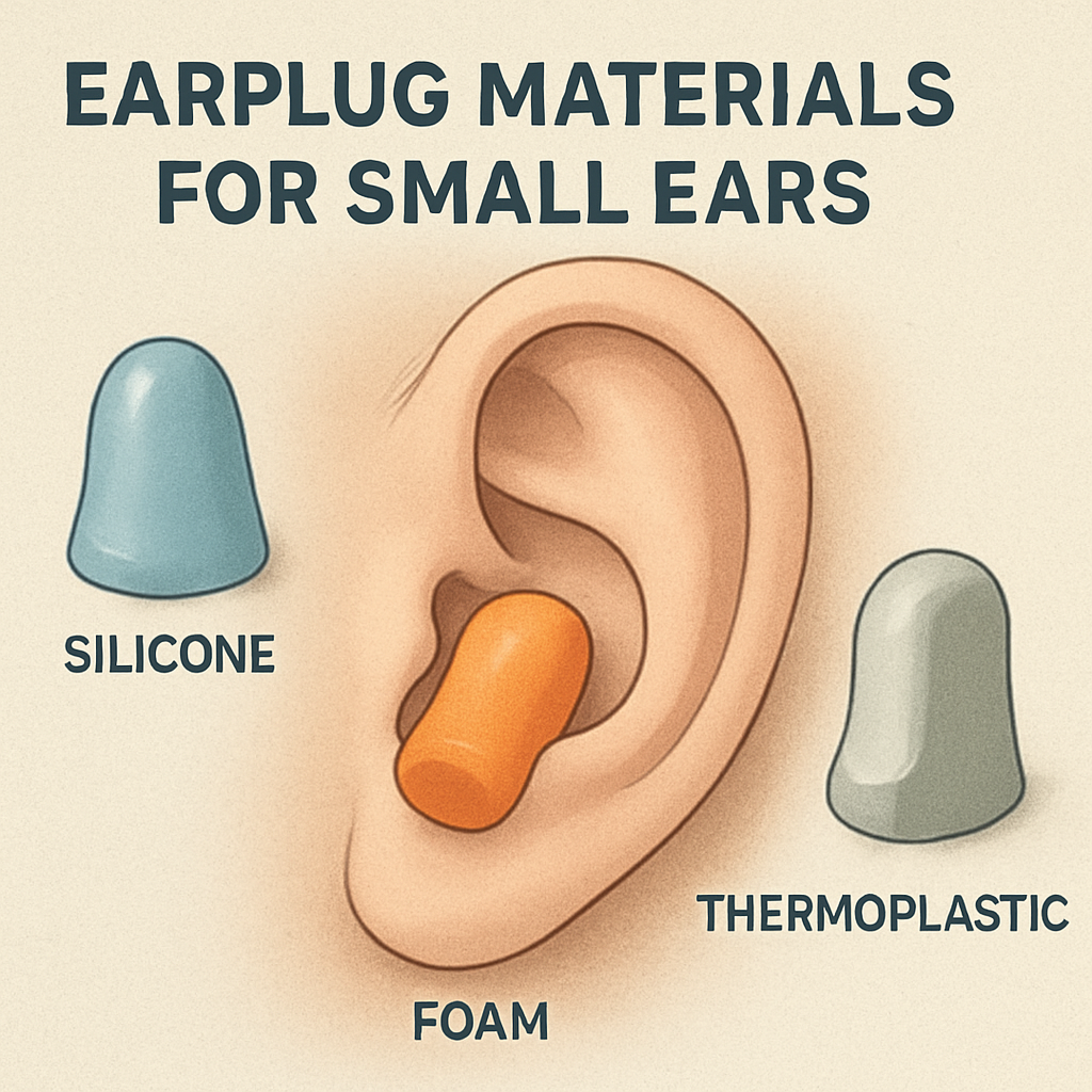 A close‑up illustration of a small ear canal with three types of earplug materials – silicone, foam, and thermoplastic – showing how each fits. Alt: Earplug materials for small ears