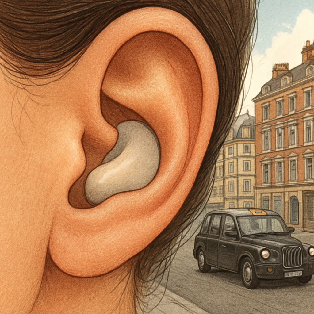 A close‑up illustration of a small ear canal with a silicone earplug snugly fitted. Alt: Earplug for small ears showing a tight, moulded seal.