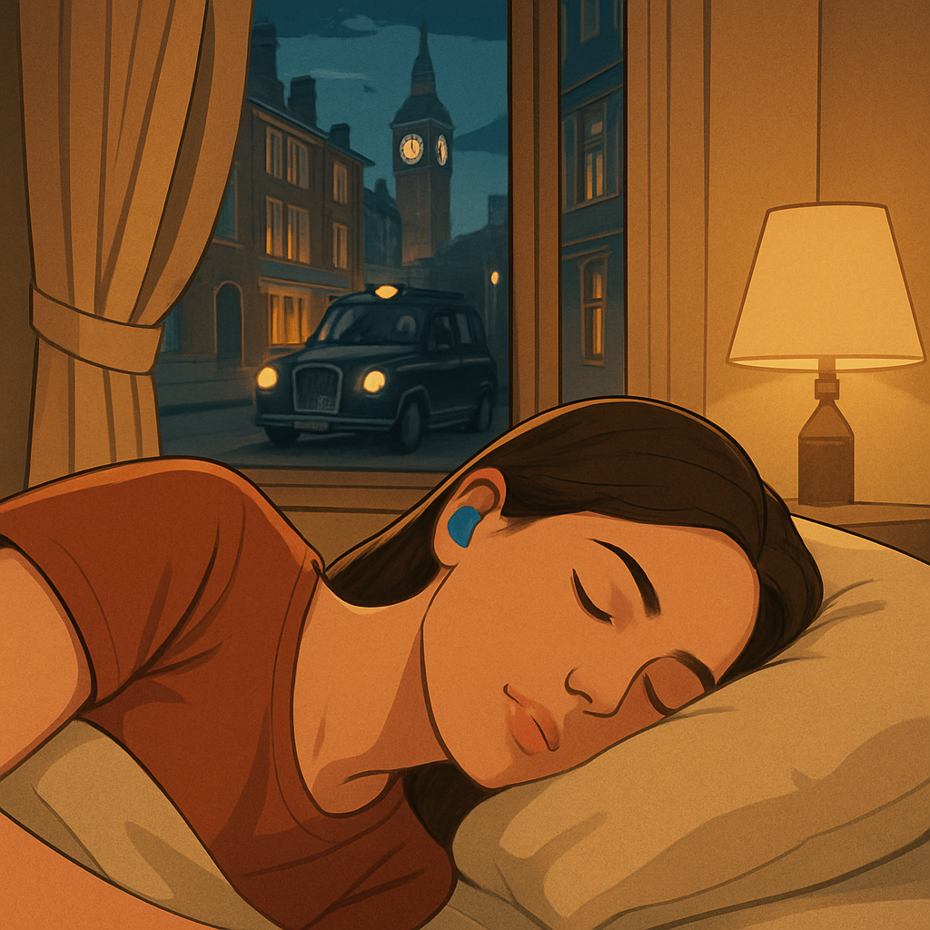 A side‑sleeper gently resting with a pair of silicone earplugs, soft bedroom lighting. Alt: Comfortable side sleeper wearing earplugs