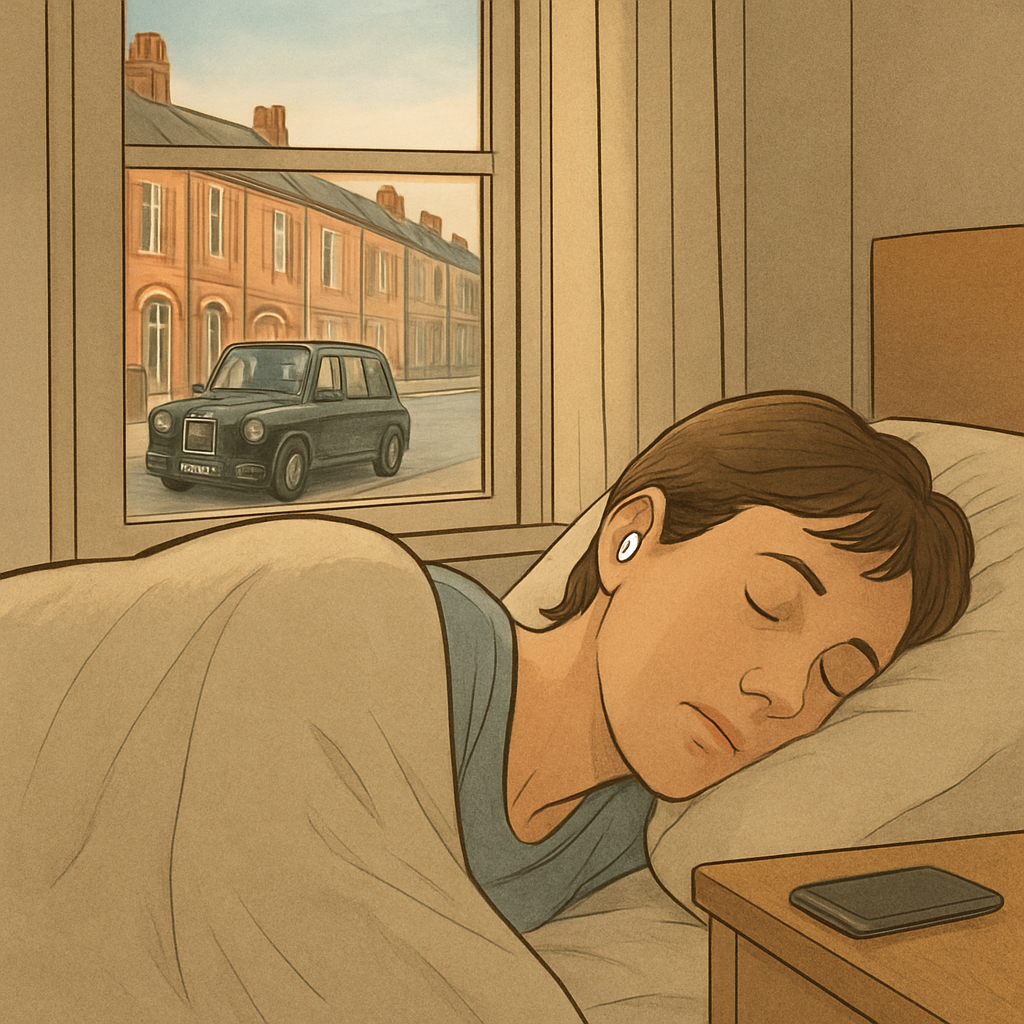 A quiet bedroom scene in a UK flat, a side‑sleeping figure wearing silicone earplugs, a soft pillow, and a nightstand with a phone. Alt: Side sleeper using silicone earplugs for tinnitus relief in a UK bedroom.