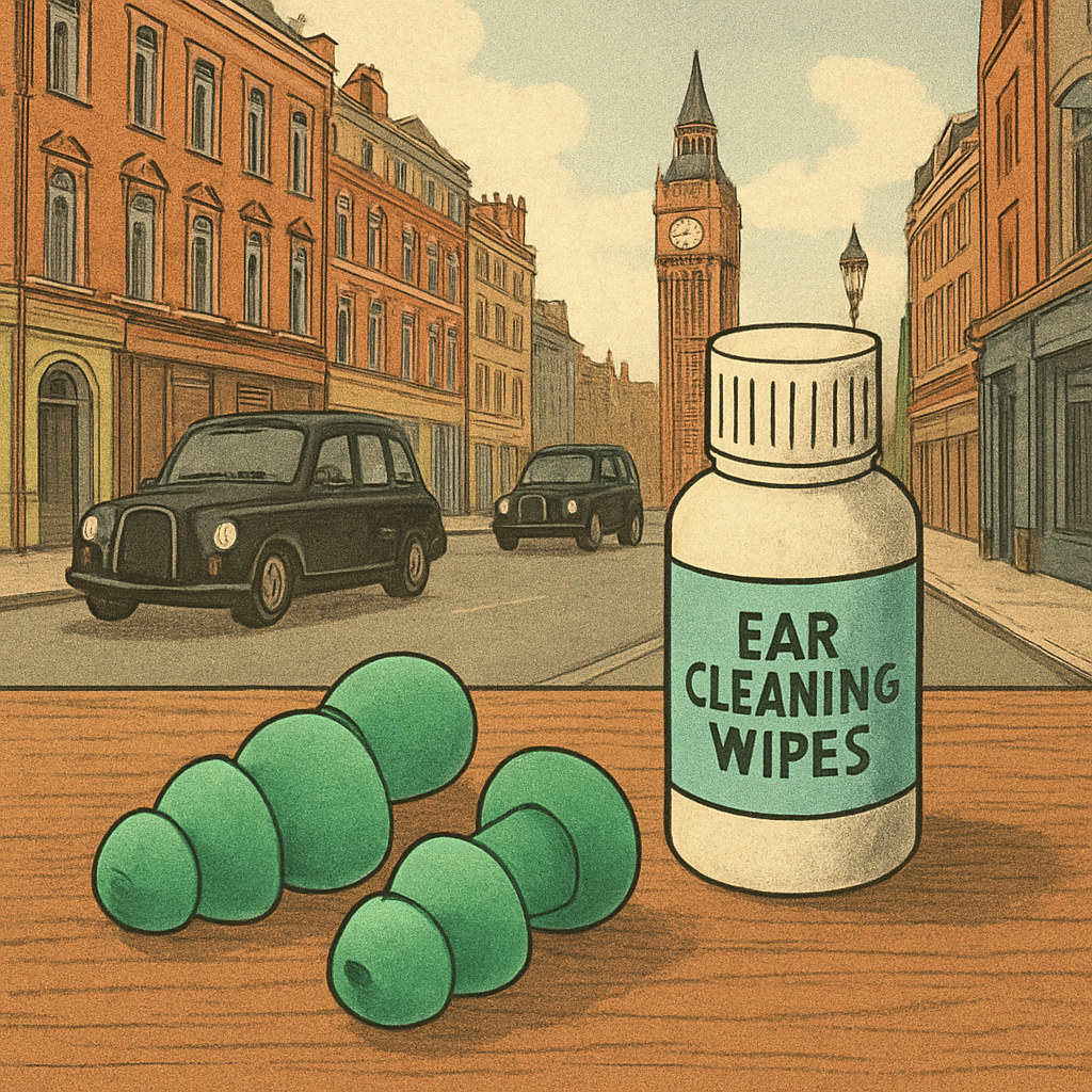 A pair of reusable silicone earplugs laid out on a wooden table beside a small bottle of ear cleaning wipes. Alt: Reusable silicone earplugs and cleaning wipes for workplace use.