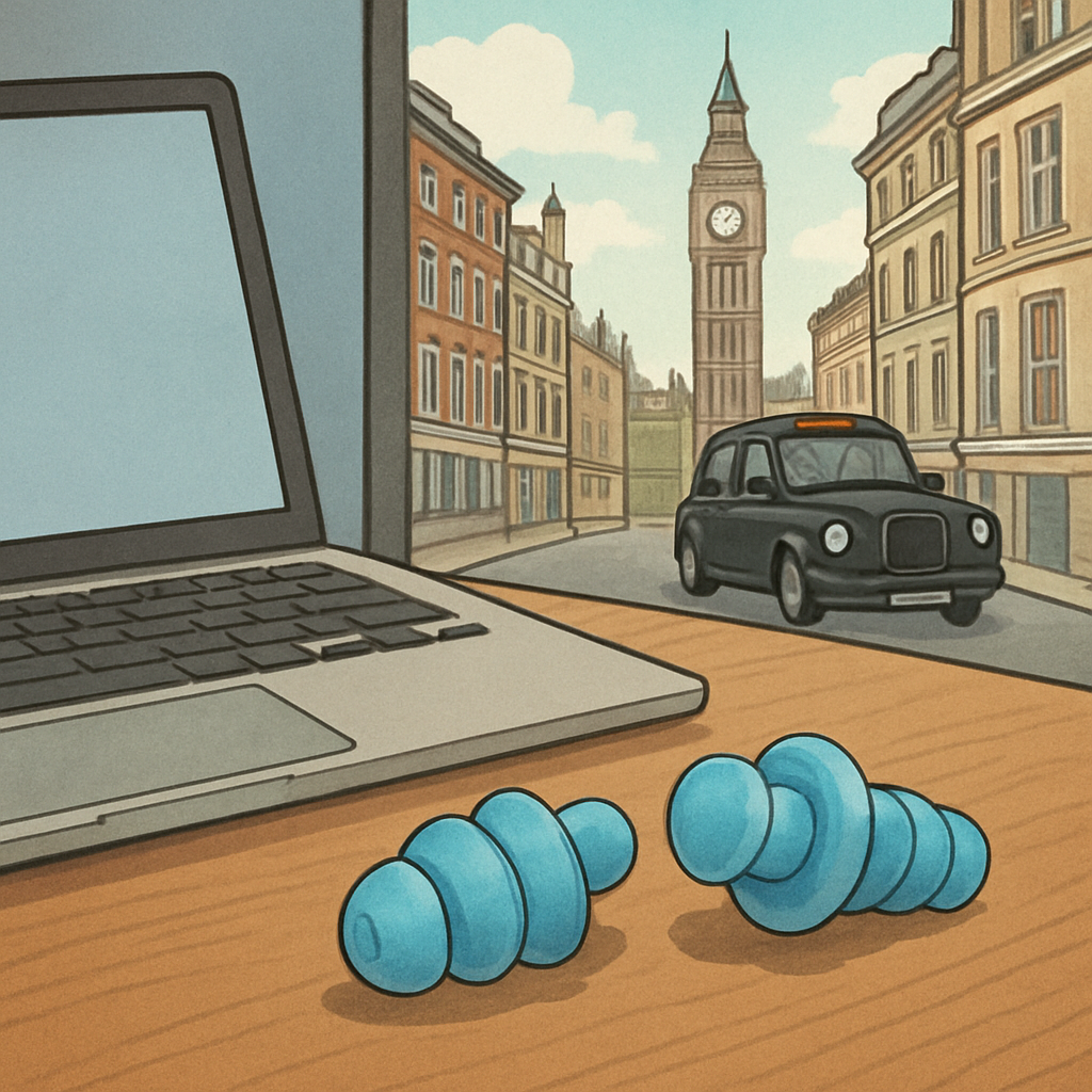 A pair of reusable silicone earplugs resting beside a laptop on a desk, UK office setting. Alt: Reusable silicone earplugs on a desk