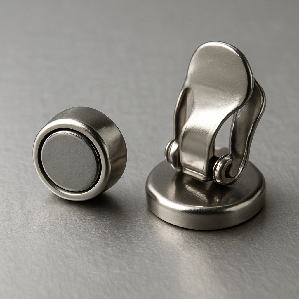 A close‑up of a magnetic and clip earring back set on a silver plate. Alt: Magnetic and clip earring backs for everyday wear.