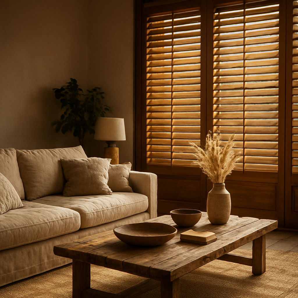 A Cinematic, photorealistic living room with large windows fitted with warm wooden plantation shutters, sunlight streaming in, a reclaimed wood coffee table, and natural linen textiles. Alt: Wooden plantation shutters and eco friendly home accessories in a luxurious living room.