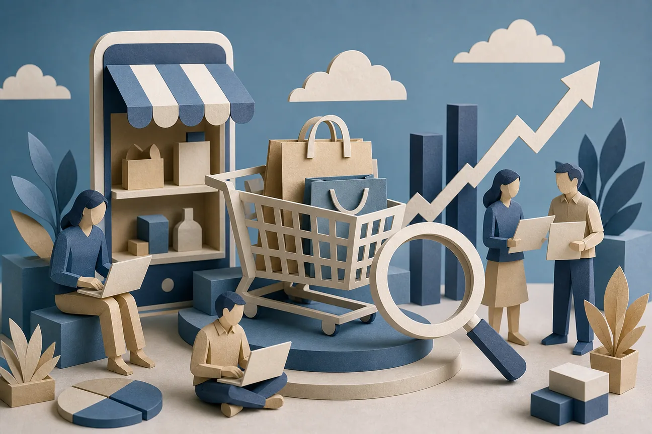 Papercraft illustration of Best Ecommerce SEO Agency Services 2026