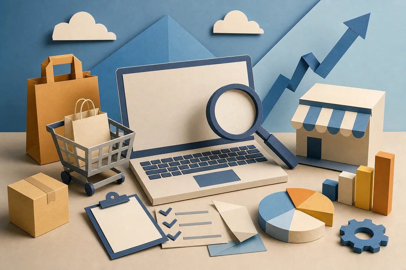 Papercraft illustration of Best Ecommerce SEO Strategy Tools