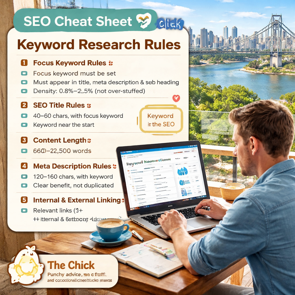 A small business owner in Brisbane reviewing keyword research on a laptop, coffee beside them. Alt: Keyword research for ecommerce SEO tips.