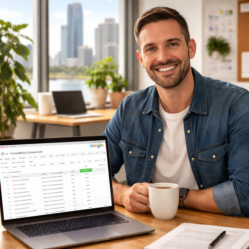 A friendly Brisbane small‑business owner sitting at a desk, laptop open to a Google Sheet of backlink outreach, a cup of coffee beside them. Alt: ecommerce SEO tips backlink outreach spreadsheet