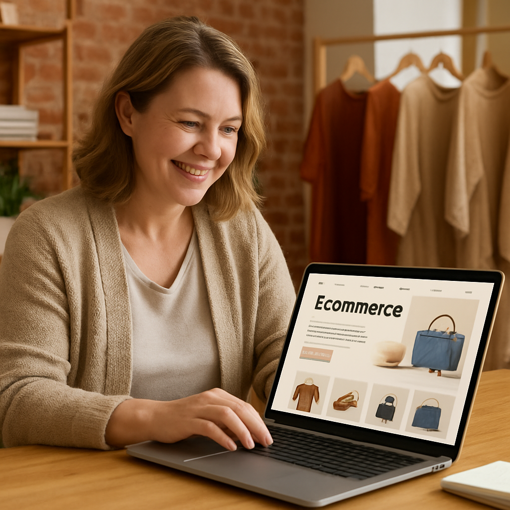 A friendly Australian boutique owner reviewing a laptop with ecommerce design mockups on screen. Alt: ecommerce website design planning for small business