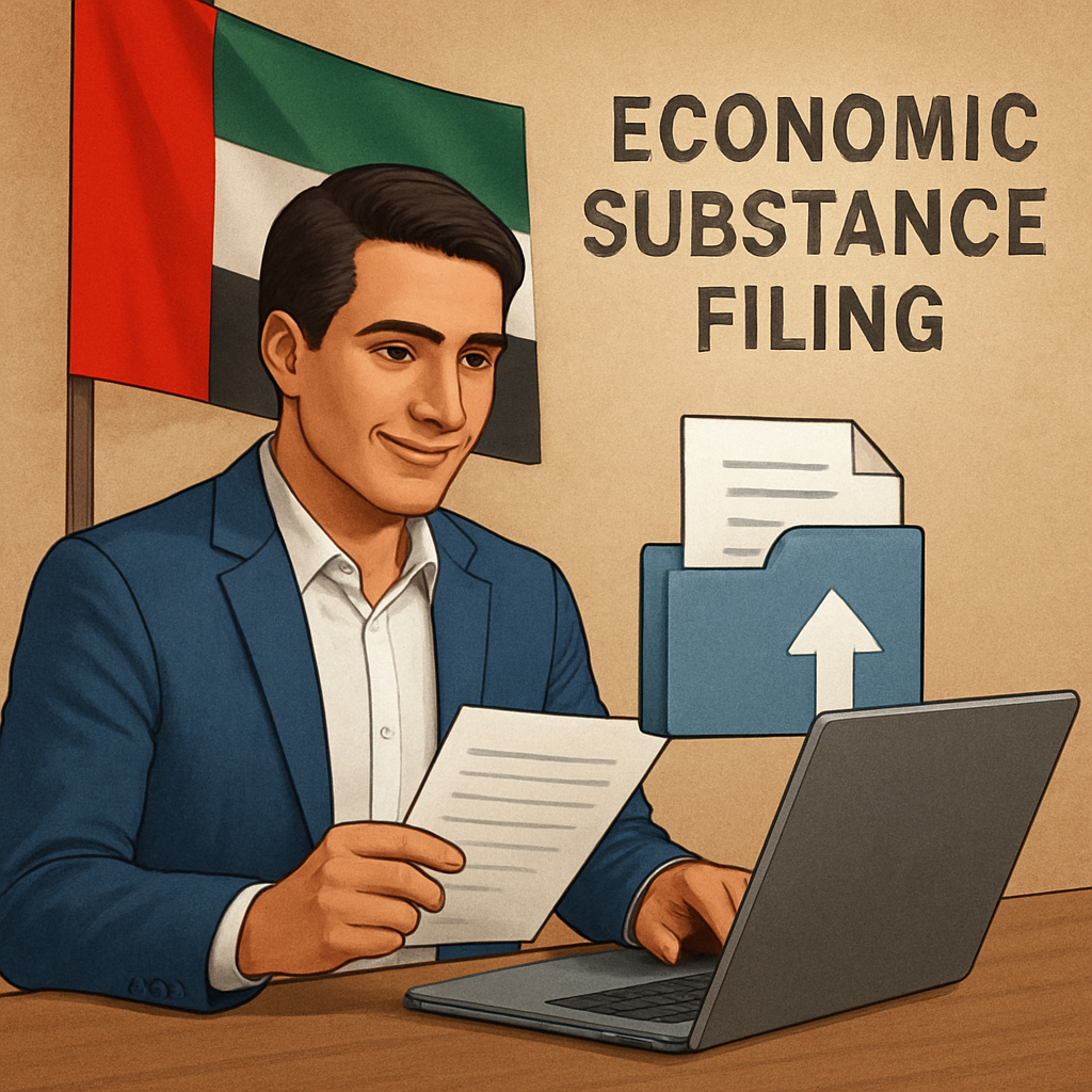 An illustration of a person confidently uploading documents on a laptop, with a UAE flag in the background and the words “Economic Substance Filing” visible. Alt: Step‑by‑step guide for submitting economic substance notification and report.