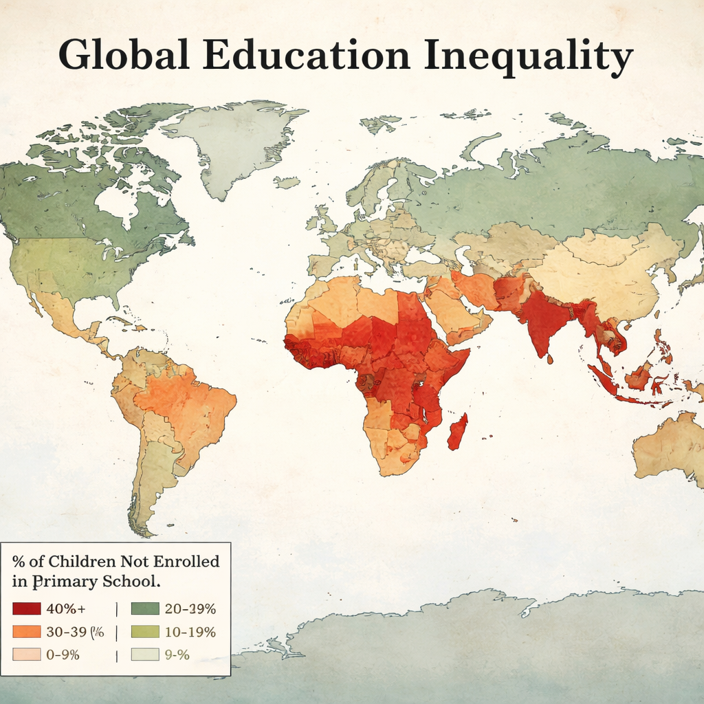 A realistic map showing global disparities in school enrollment, focusing on low-income regions, alt: education inequality worldwide map