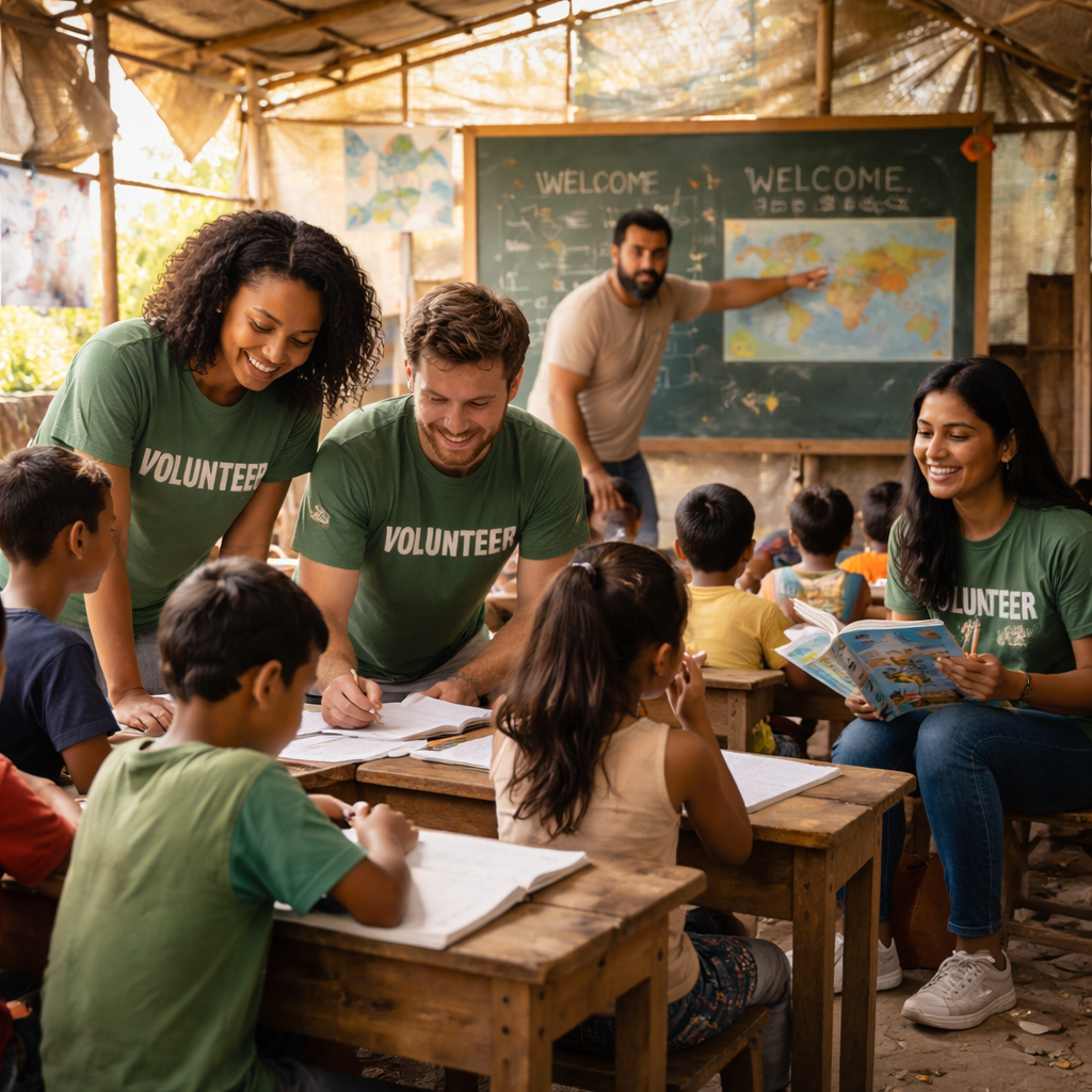 A realistic photo of community volunteers teaching children in a makeshift classroom, alt: local action against education inequality worldwide