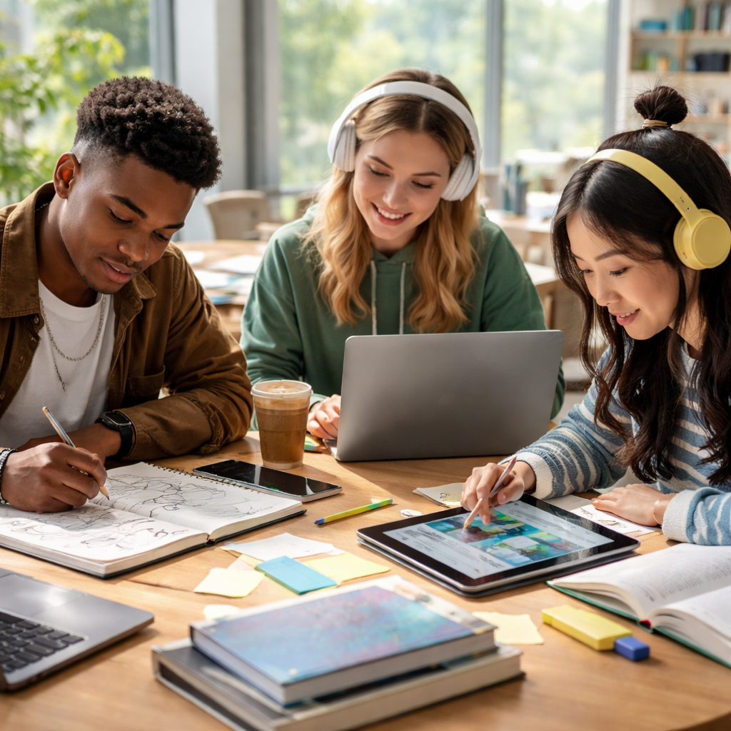 A photorealistic scene of a diverse group of Gen Z students studying together at a modern library table – one student sketching diagrams, another listening to headphones, a third using a tablet to watch a tutorial. Sunlight streams through large windows, highlighting a relaxed, collaborative vibe. Alt: Youth learning styles in action, realistic style.