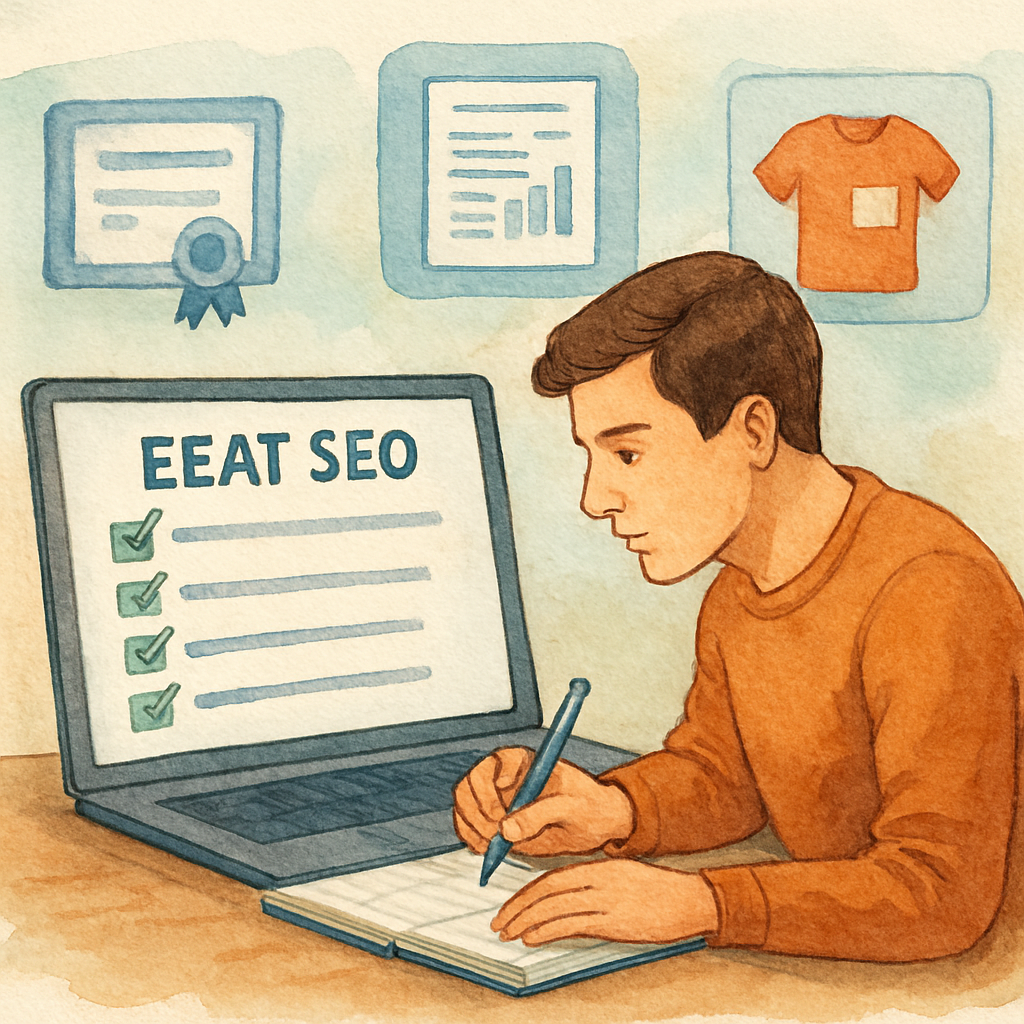 An AI‑generated illustration of a writer reviewing a checklist on a laptop, surrounded by icons representing credentials, research papers, and e‑commerce product images. Alt: EEAT SEO checklist assessment visual guide.