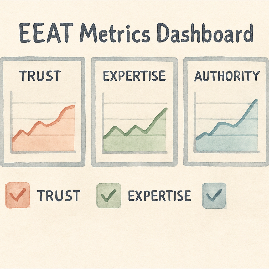 A dashboard showing EEAT metrics over time, with charts for trust, expertise, and authority. Alt: EEAT SEO checklist monitoring dashboard