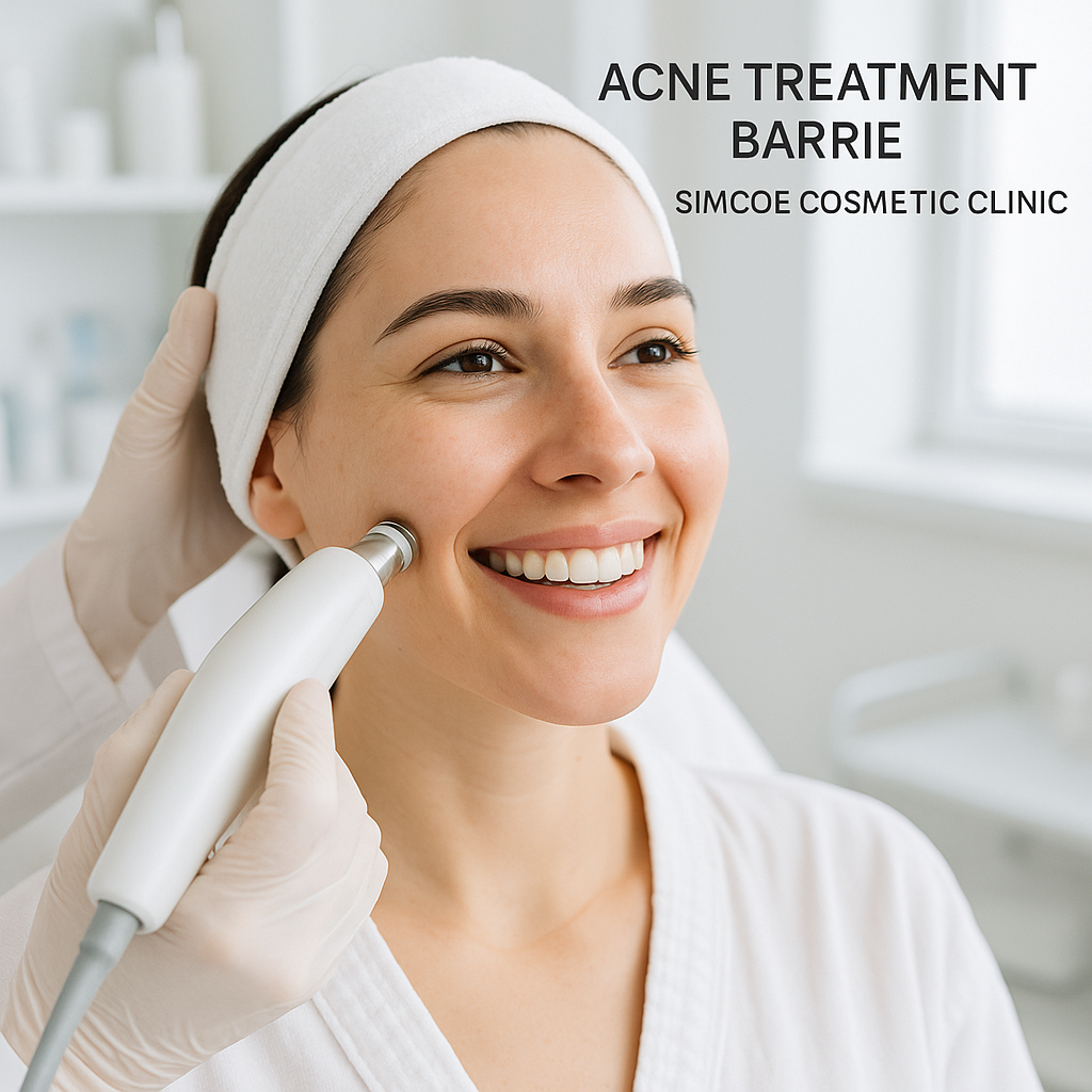 Close-up of a woman in a bright dermatology clinic undergoing a professional acne treatment session, smiling with clear skin. Alt: Acne treatment Barrie professional medical care at Simcoe Cosmetic Clinic.