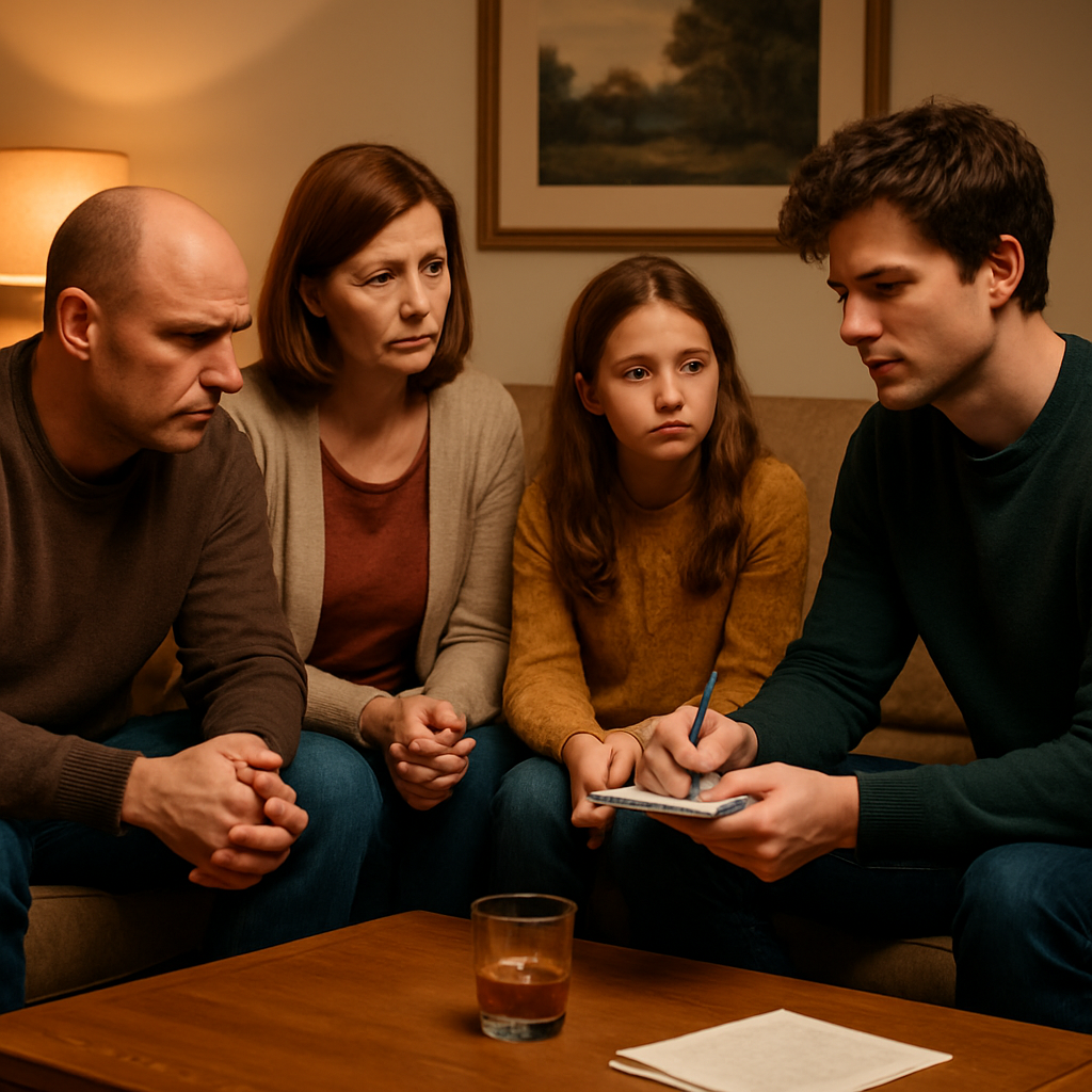 A warm living room scene with a family gathered around a coffee table, one person holding a notebook and looking thoughtful. Alt: Recognizing signs of alcohol intervention in a family setting.