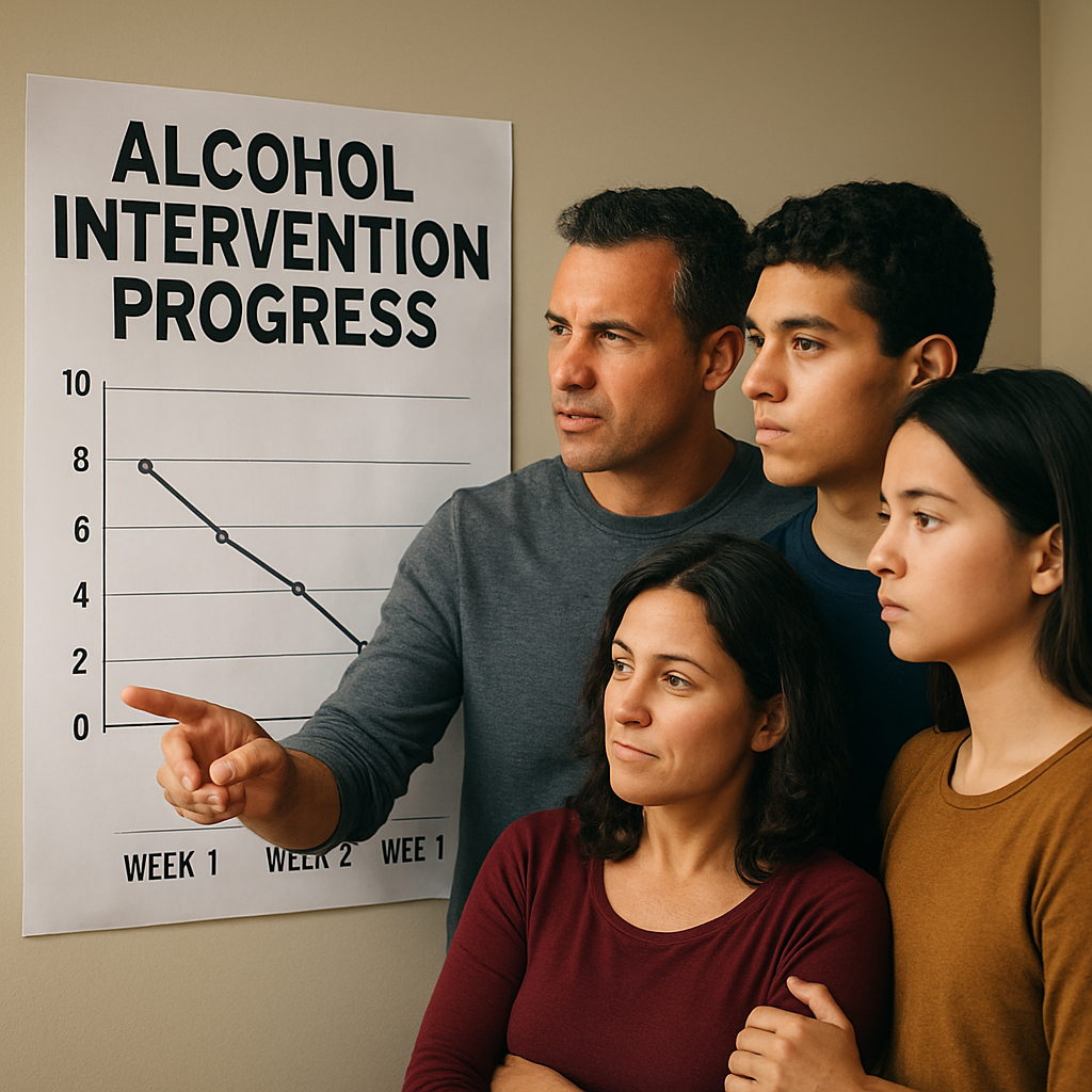 A supportive family reviewing a progress chart after an alcohol intervention meeting. Alt: Family tracking alcohol intervention progress together.