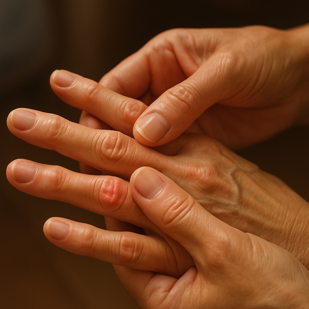 Close-up of hands gently massaging arthritic finger joints with warm light, conveying soothing care. Alt: massage for arthritis hands showing gentle finger joint relief.