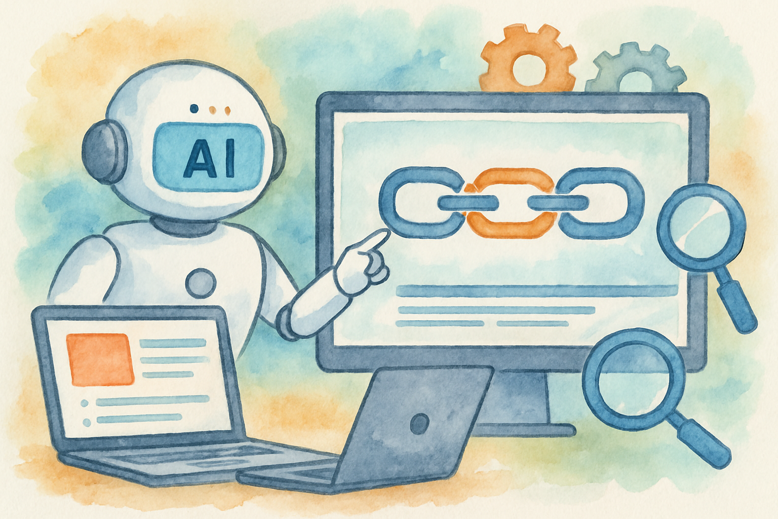 Illustration of AI-powered automation assisting backlink building processes. Alt: Automated backlink building strategies using AI and tools.