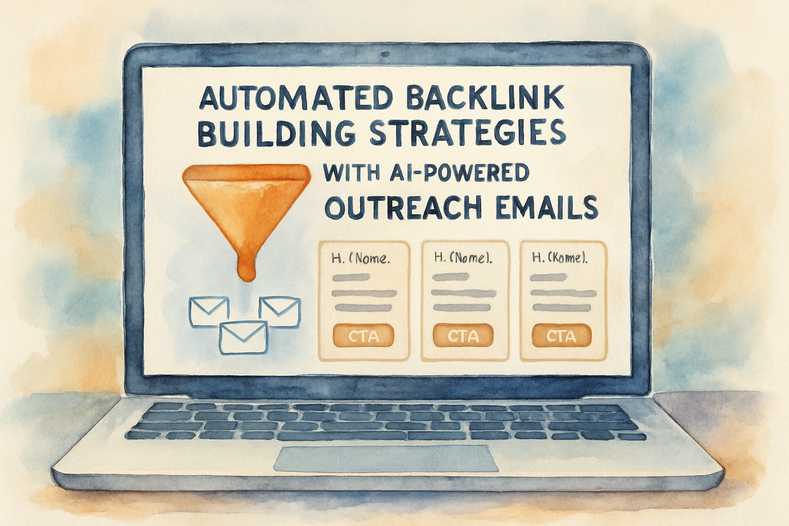 Sample AI-generated outreach email funnel on a laptop screen. Alt: Automated backlink building strategies with AI-powered outreach emails.