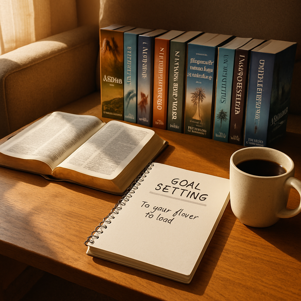A cozy study corner with an open Bible, notebook, and a cup of coffee, soft sunlight streaming in, highlighting a handwritten goal statement. Alt: Bible study guide goal setting in a comfortable space.