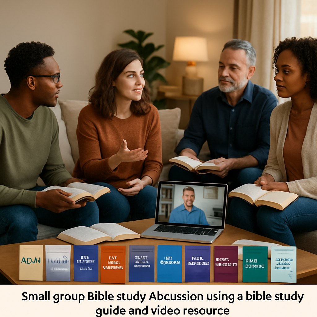 A cozy living room scene with a small group gathered around a coffee table, open Bibles, notebooks, and a laptop playing a short teaching video. Alt: Small group Bible study discussion using a bible study guide and video resource.