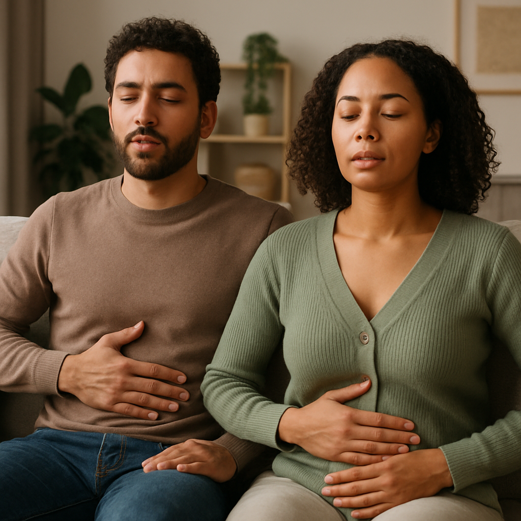 A couple sitting on a couch, eyes closed, hands on their bellies, breathing together. Alt: synchronized breathing exercise for couples during arguments