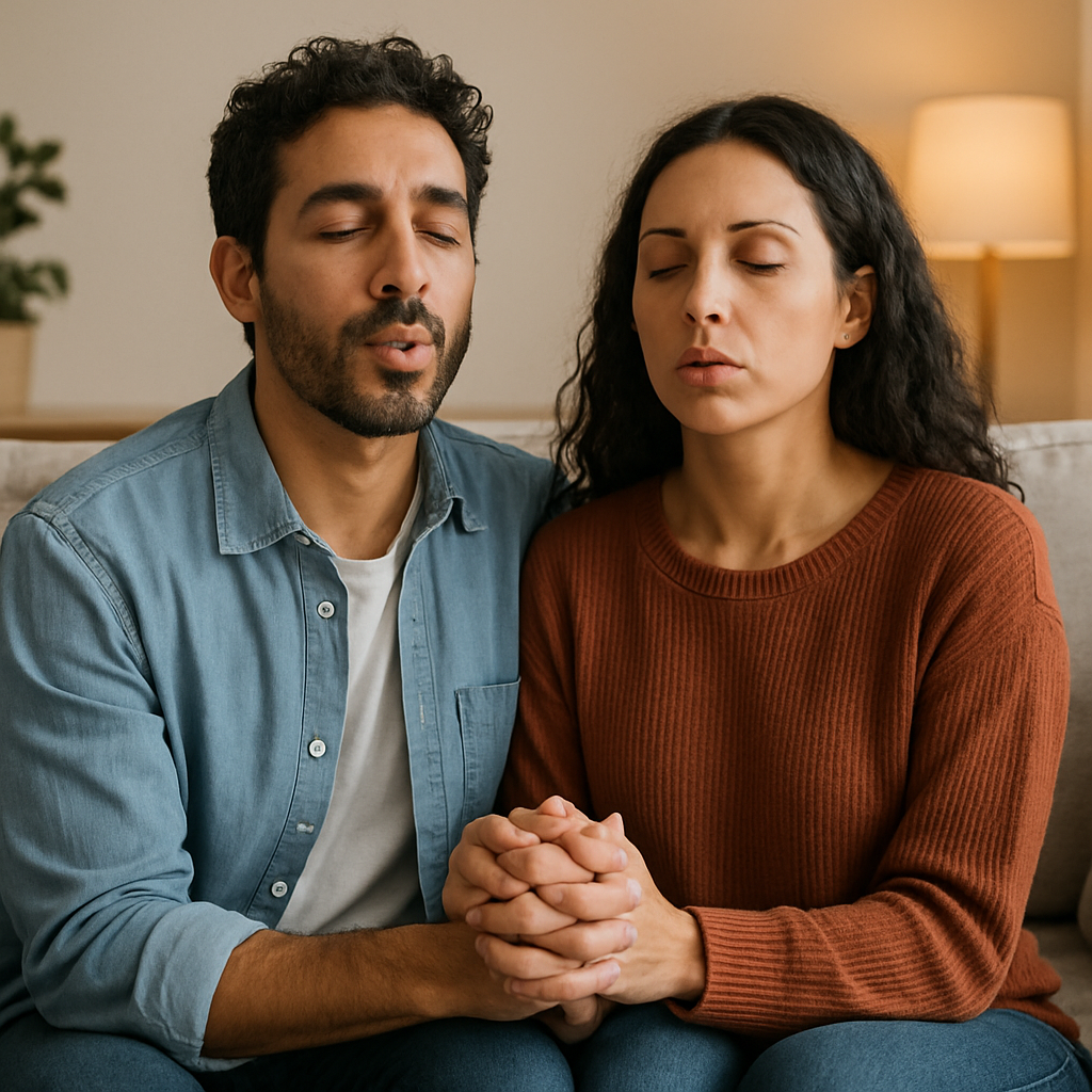 A couple sitting on a couch, eyes closed, holding hands while breathing together. Alt: breathing exercises for couples during arguments