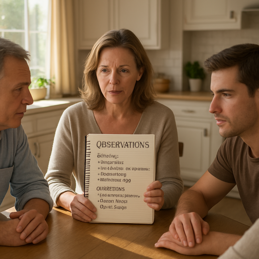 A photorealistic scene of a family gathered around a kitchen table in a sunny California home, one person holding a notebook with observations of physical and behavioral signs of substance abuse, soft natural lighting, realistic textures, conveying concern and hope. Alt: California drug intervention family observation checklist.