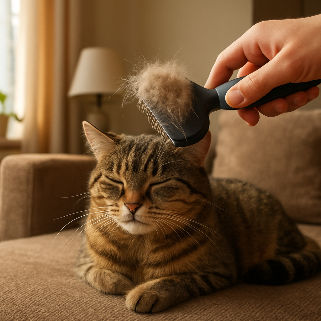 A cozy living room scene with a cat being gently brushed using a de‑shedding comb, soft sunlight filtering through the window, showing loose hair caught on the brush. Alt: cat grooming brush reduces hairball triggers.