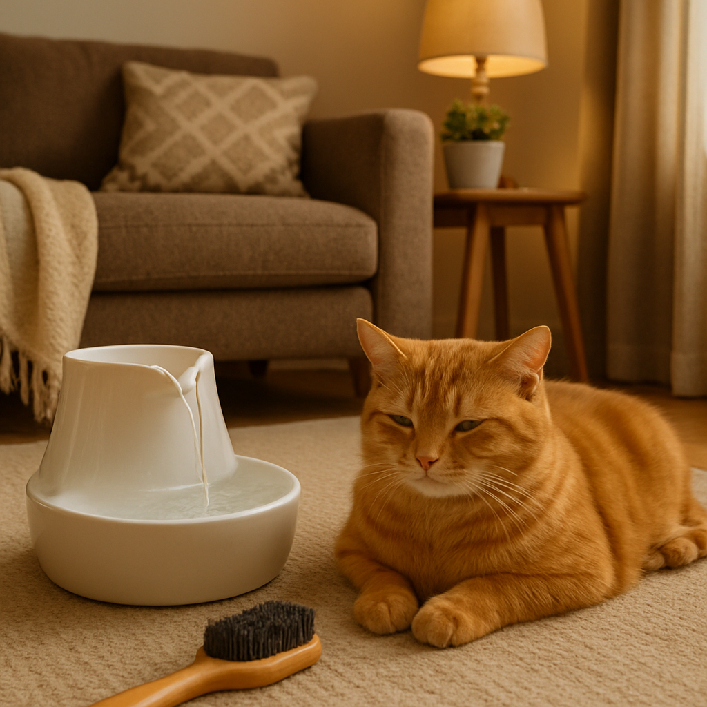 A cozy living room with a cat lounging near a water fountain and a brush, indicating a calm long-term hairball management routine. Alt: cat hairball remedy long-term management plan.