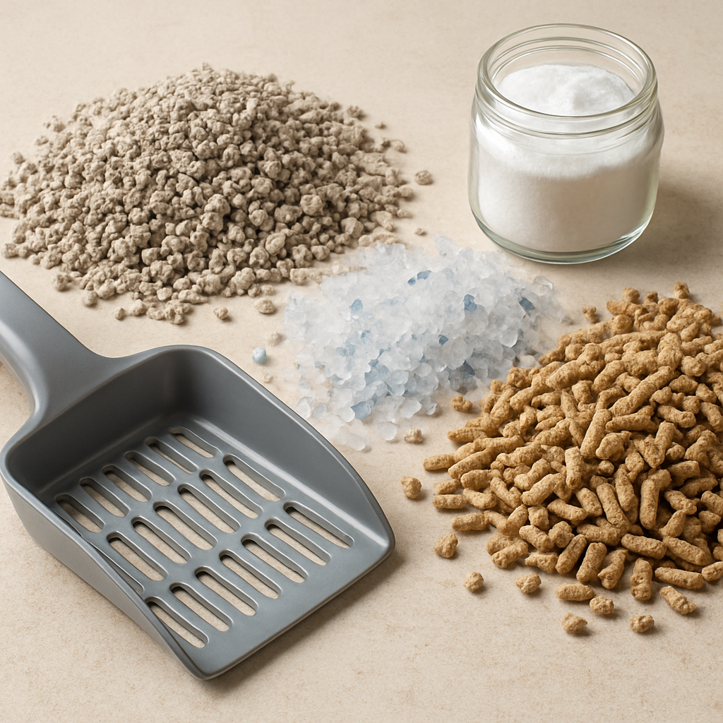 Close-up of several cat litter types — clumping clay, silica crystals, and plant-based granules — arranged with a scoop and a small jar of baking soda. Alt: Cat litter types for odor control